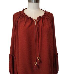 Knox Rose Rusty Brown Boho Top w' Tassel Ties & Balloon Sleeves 2XL XXL